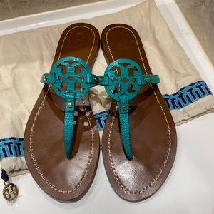 Tory Burch mini miller sandals, teal with brown bottoms, great condition